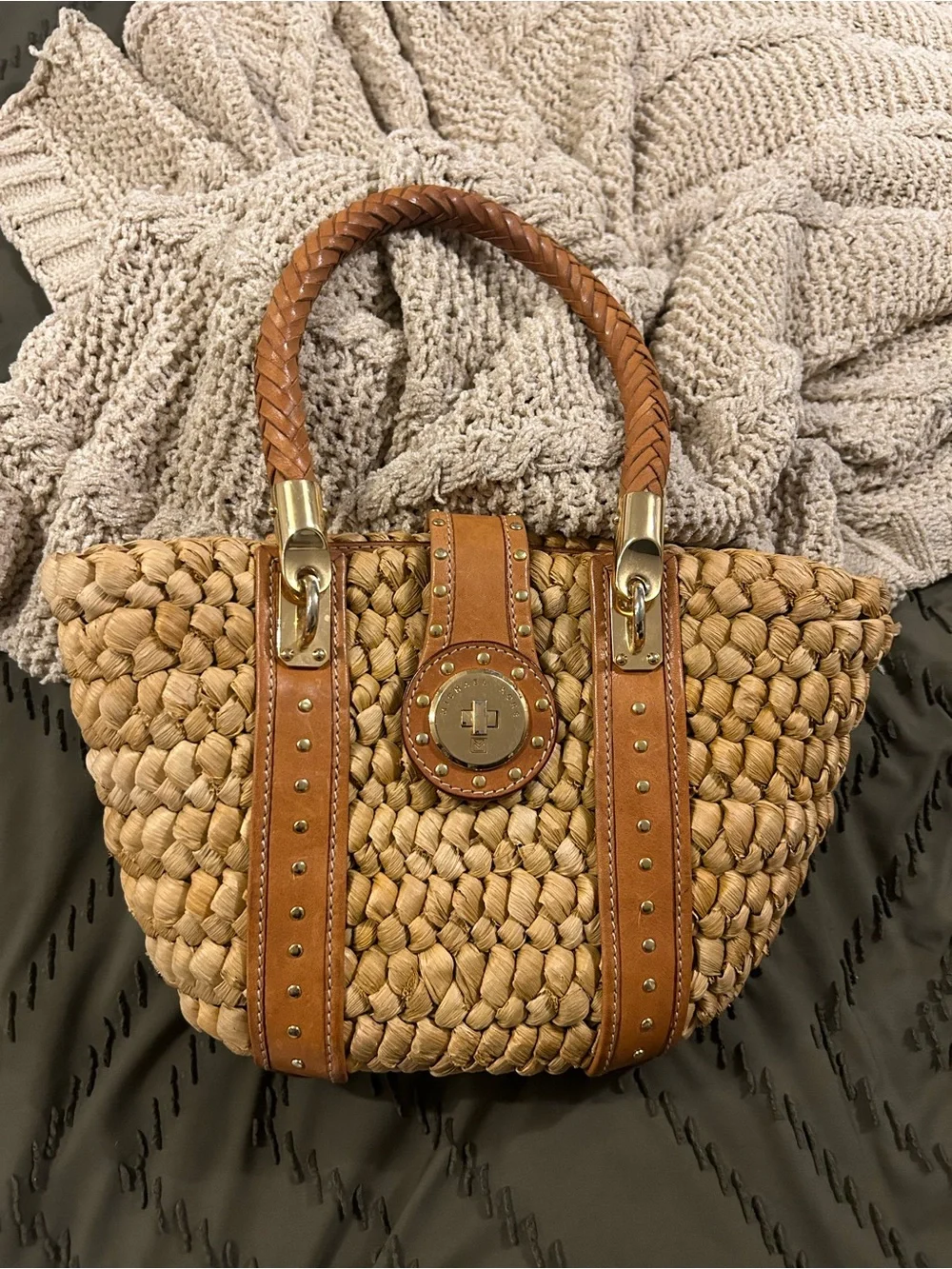 Michael Kors Braided Straw Tote with Brown Leather Trim